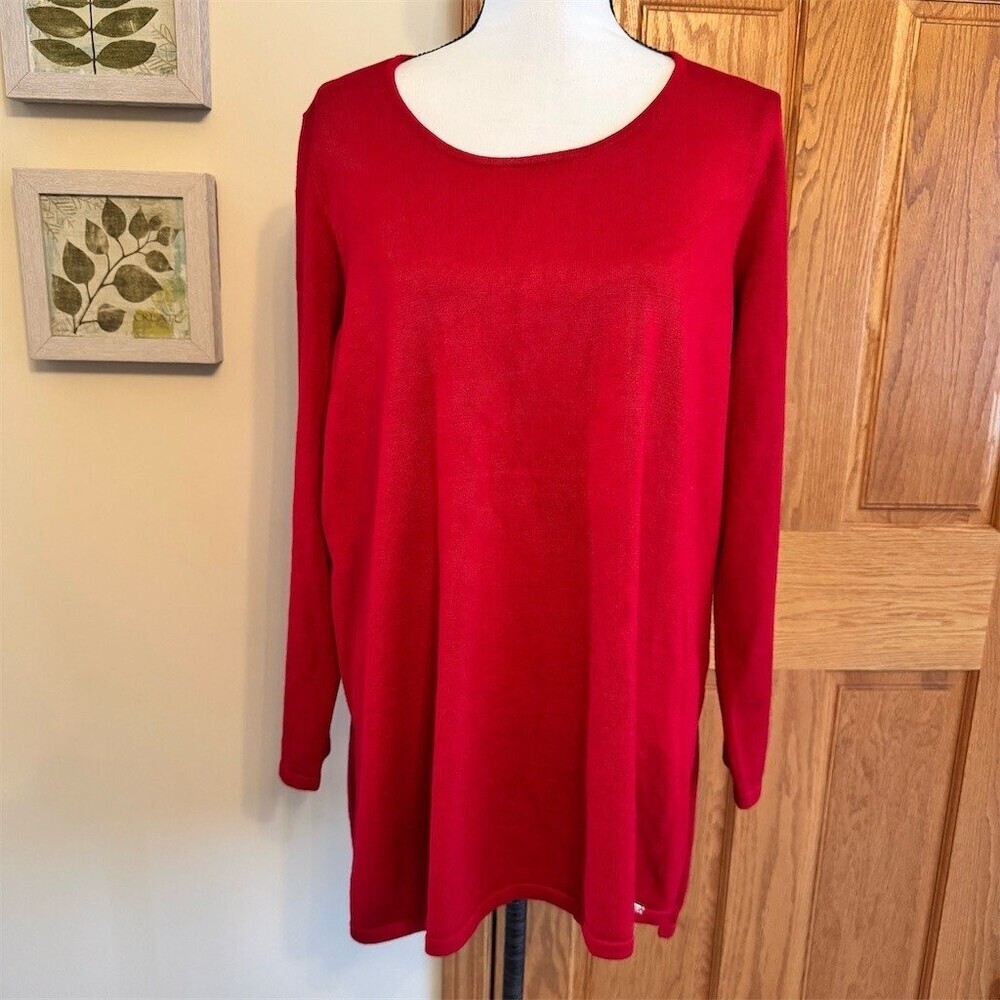Tahari Sweater Womens 1X/XL Red Knit Tunic Long Sleeve Scoop Neck Pullover